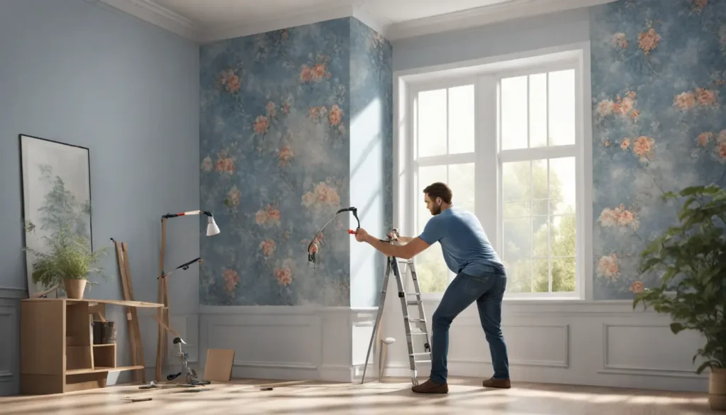 Homem instalando papel de parede floral em sala de estar moderna, usando ferramenta de alisamento, com luz natural.